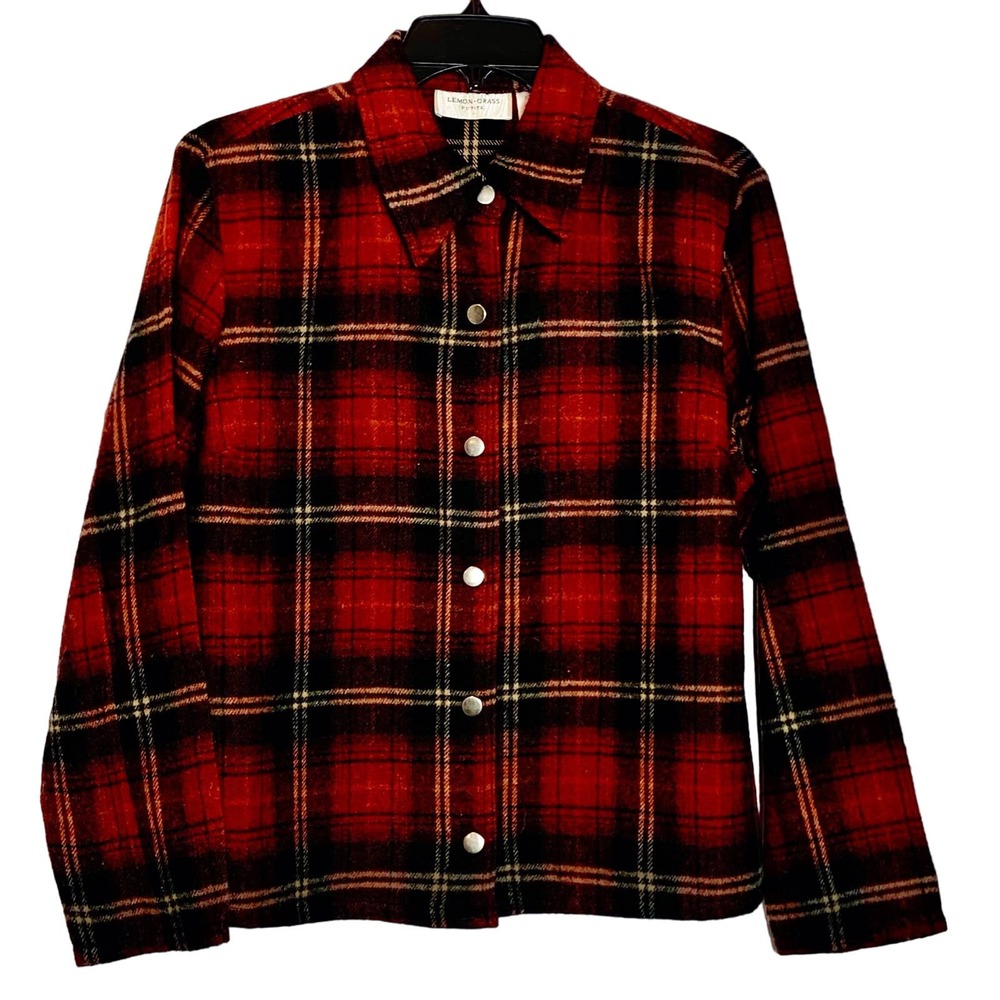 Lemon Grass Plaid Wool Blend‎ Snap Front Shirt Vintage Y2K Jacket Petite Large